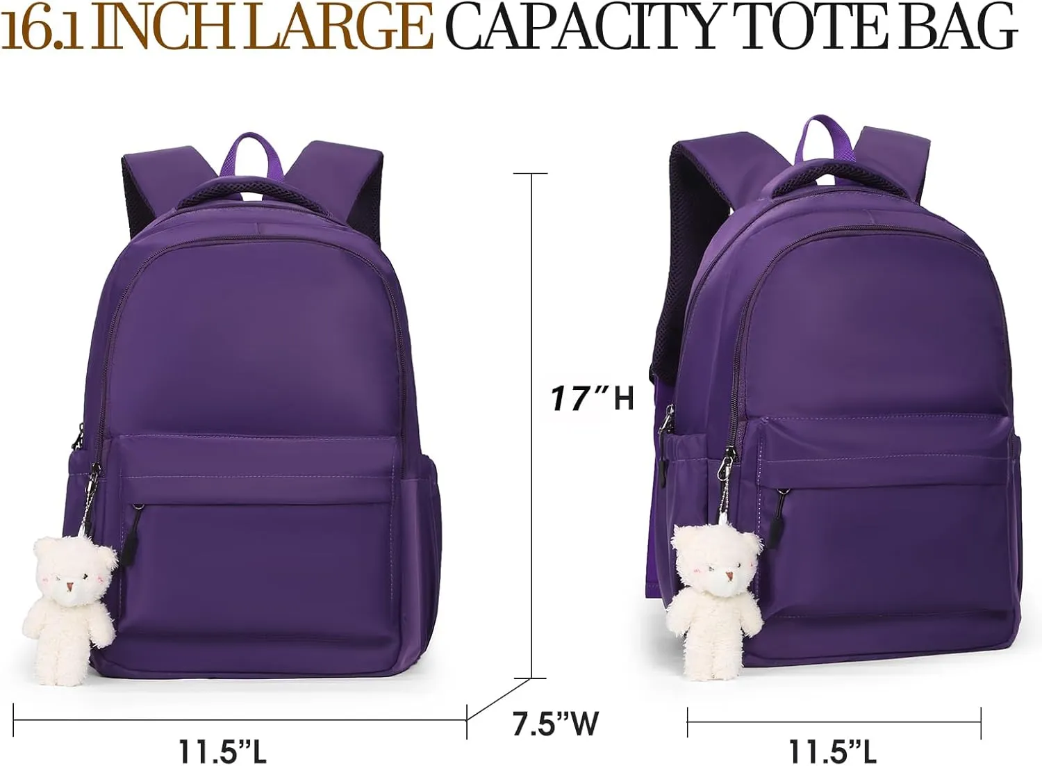 Cute Aesthetic Backpack for Girls,Kawaii Backpack for School, College Bookbag for Teens Women with Bear Pendant and Pins, Purple
