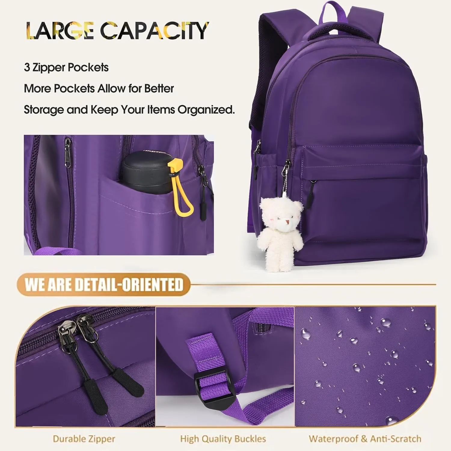 Cute Aesthetic Backpack for Girls,Kawaii Backpack for School, College Bookbag for Teens Women with Bear Pendant and Pins, Purple