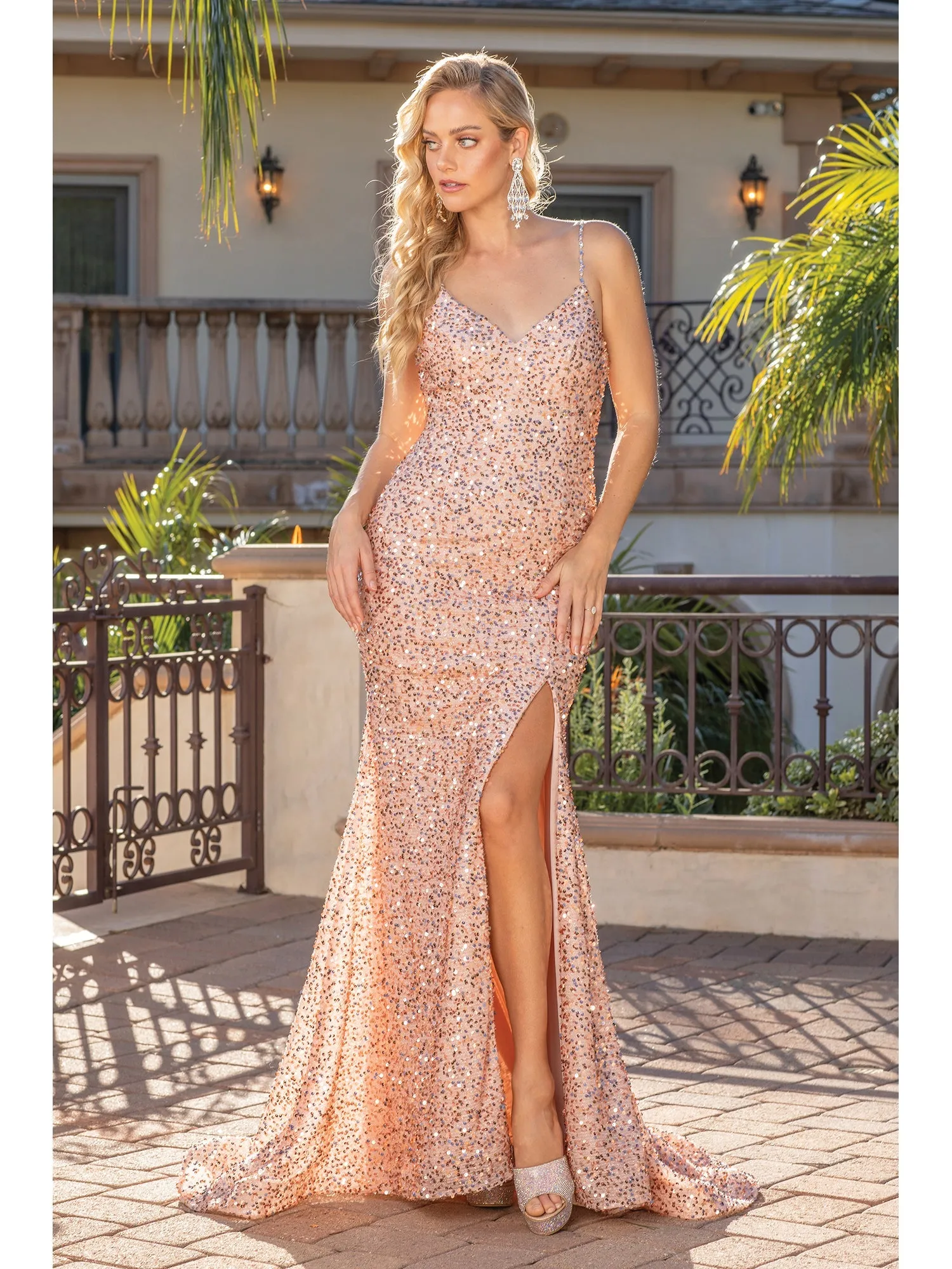 Dancing Queen 4254 Gold Prom Dress size 6 Long Fitted Velvet sequin Slit Backless Corset Formal Evening Gown
