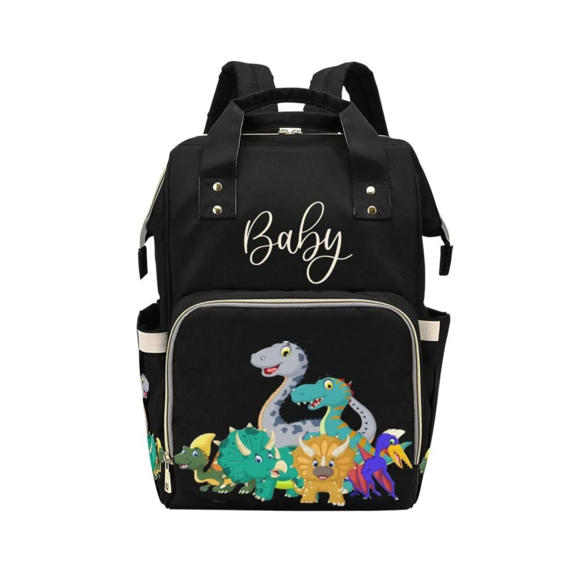 Designer Baby Bag With Cute Cartoon Dinosaurs - Waterproof Multifunction Backpack in Black