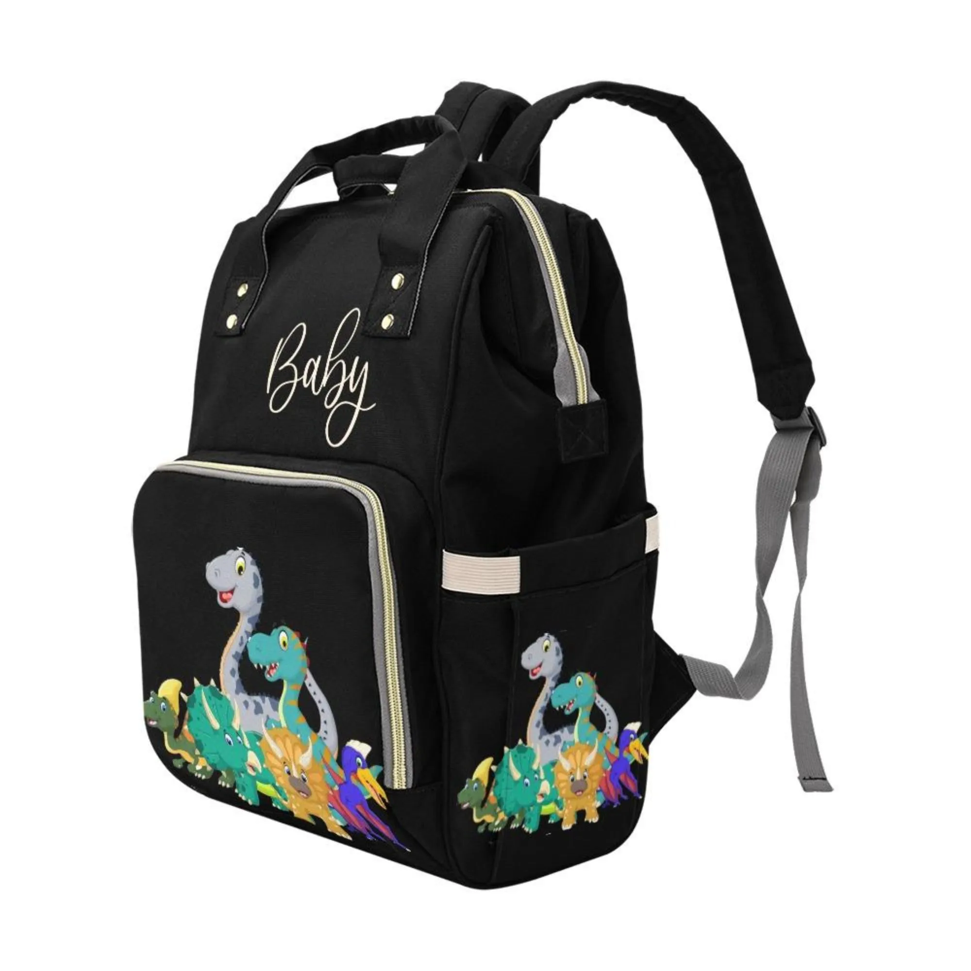 Designer Baby Bag With Cute Cartoon Dinosaurs - Waterproof Multifunction Backpack in Black