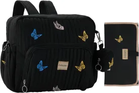 Diaper Bag Backpack, Mini Maternity baby bag with Changing Pad, Insulated Pockets, Stroller Straps & Pacifier Case (Black - Butterflies)