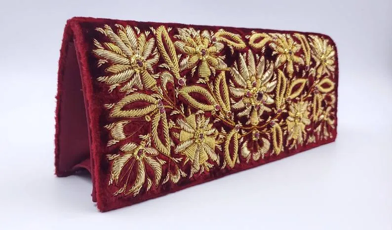 Embroidered Burgundy Velvet Gold Clutch with Rubies