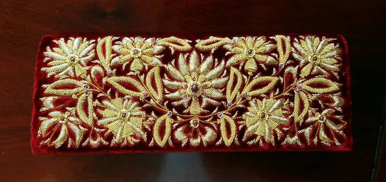 Embroidered Burgundy Velvet Gold Clutch with Rubies