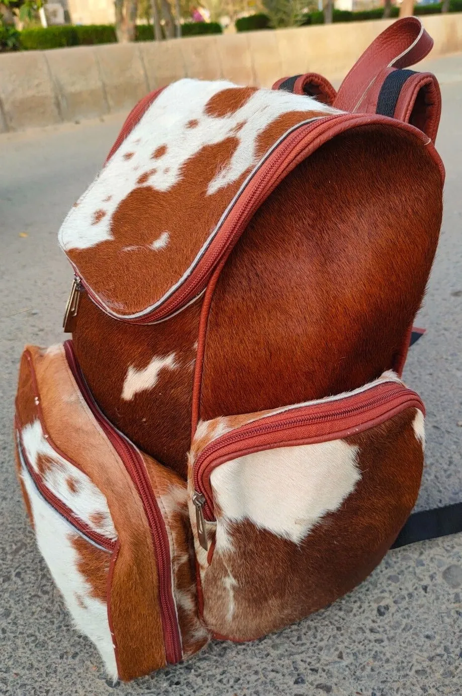genuine cowhide backpack brown white