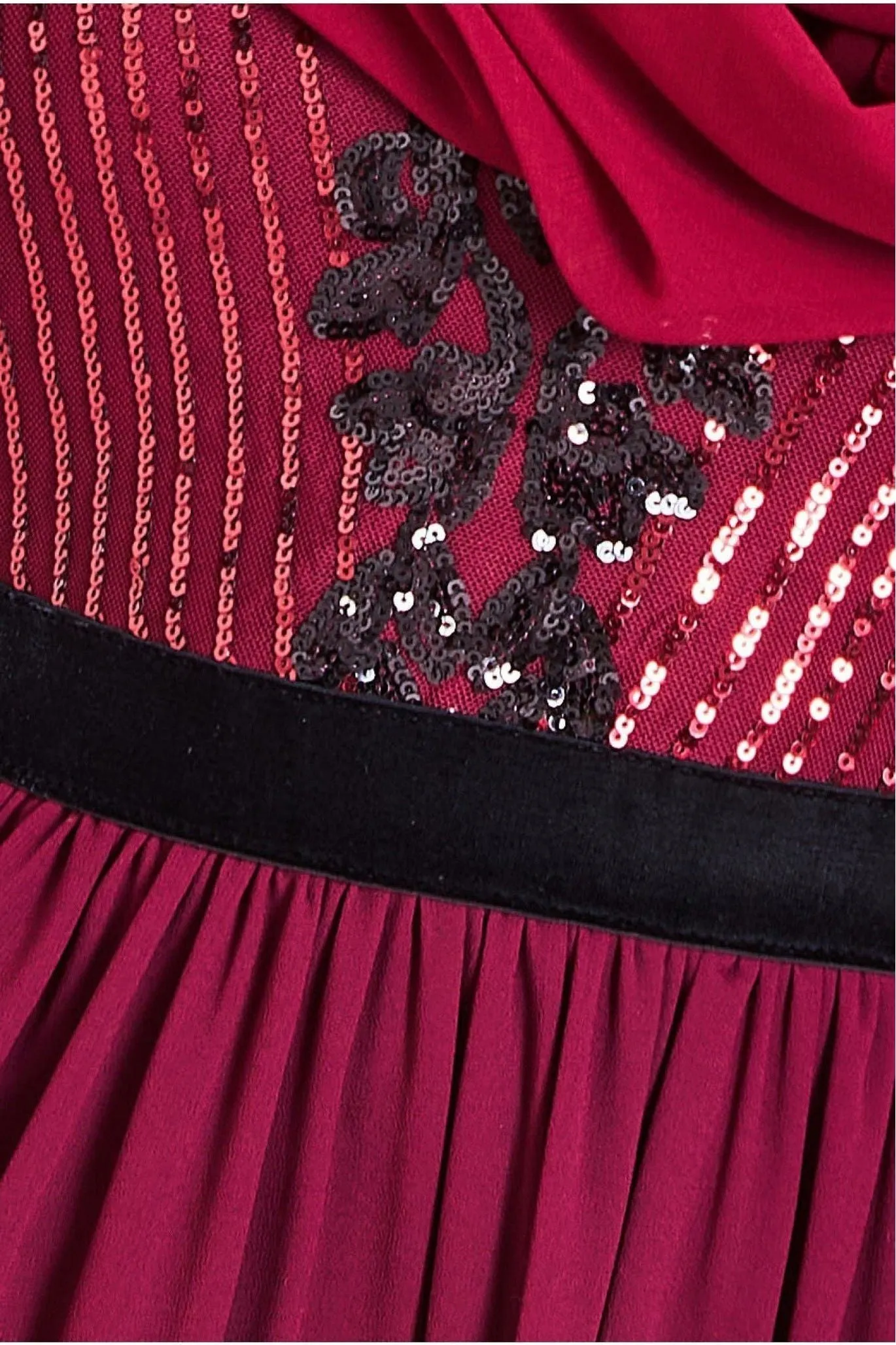 Goddiva Modesty Sequin Mesh Bodice Maxi Dress - Wine