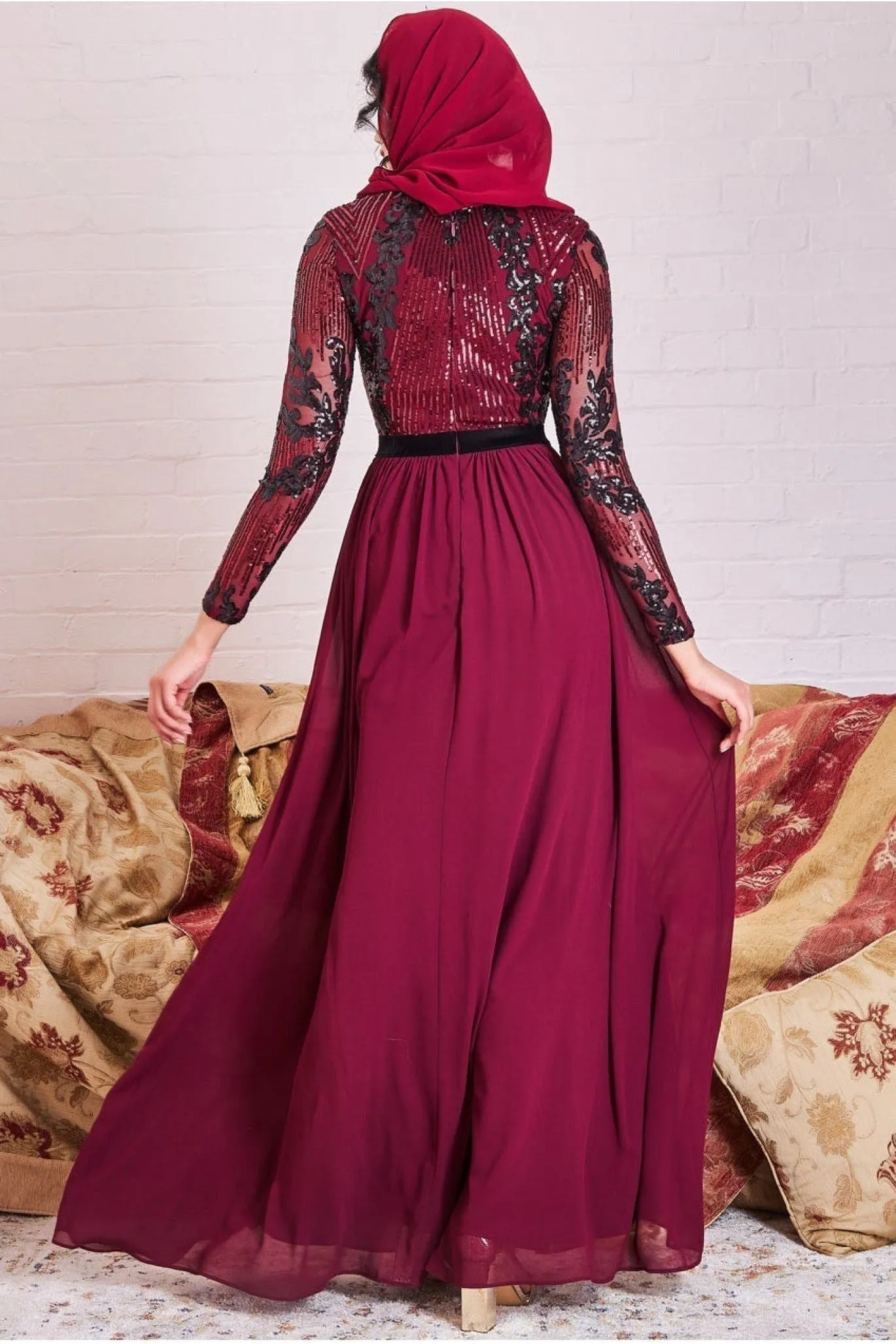 Goddiva Modesty Sequin Mesh Bodice Maxi Dress - Wine