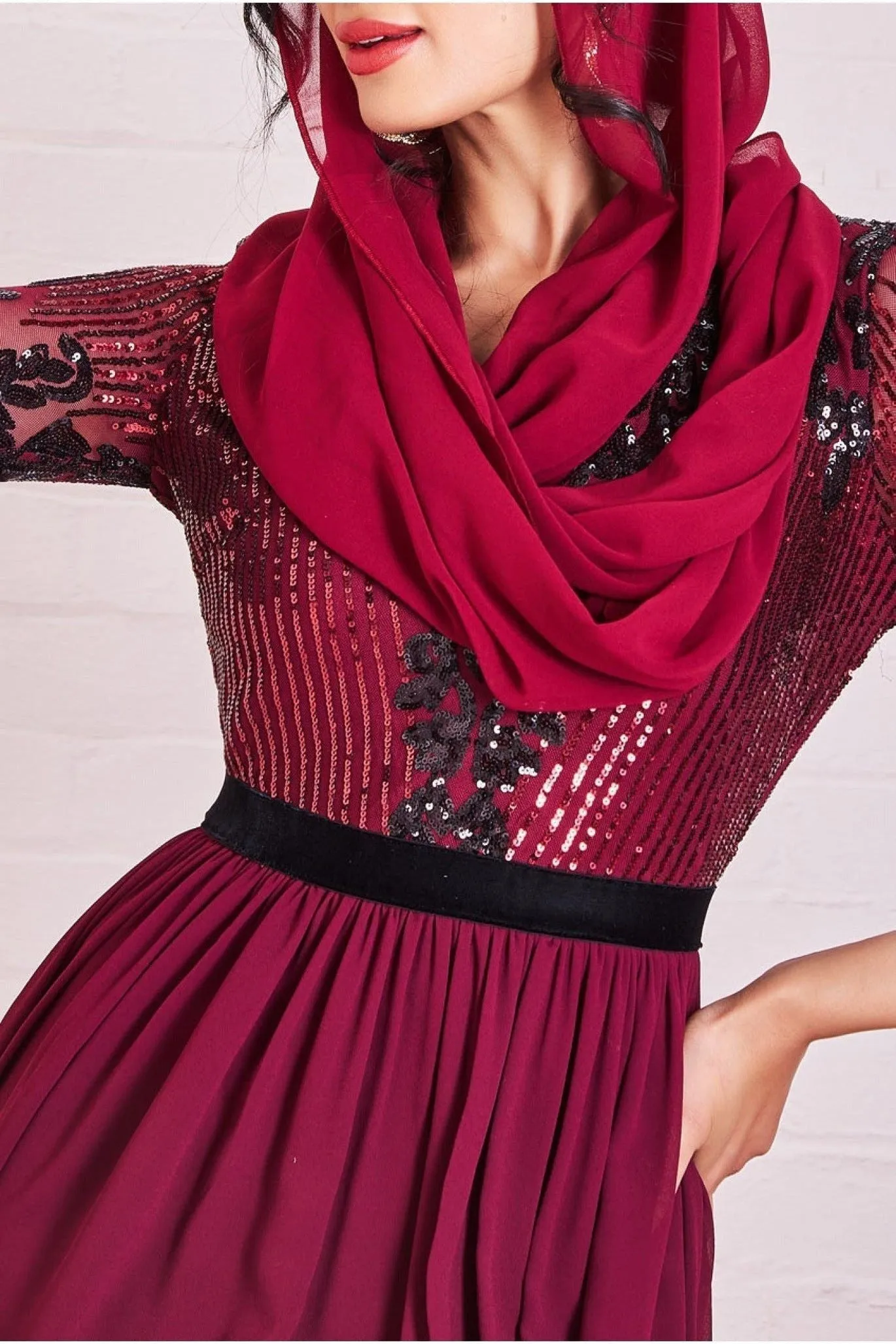Goddiva Modesty Sequin Mesh Bodice Maxi Dress - Wine