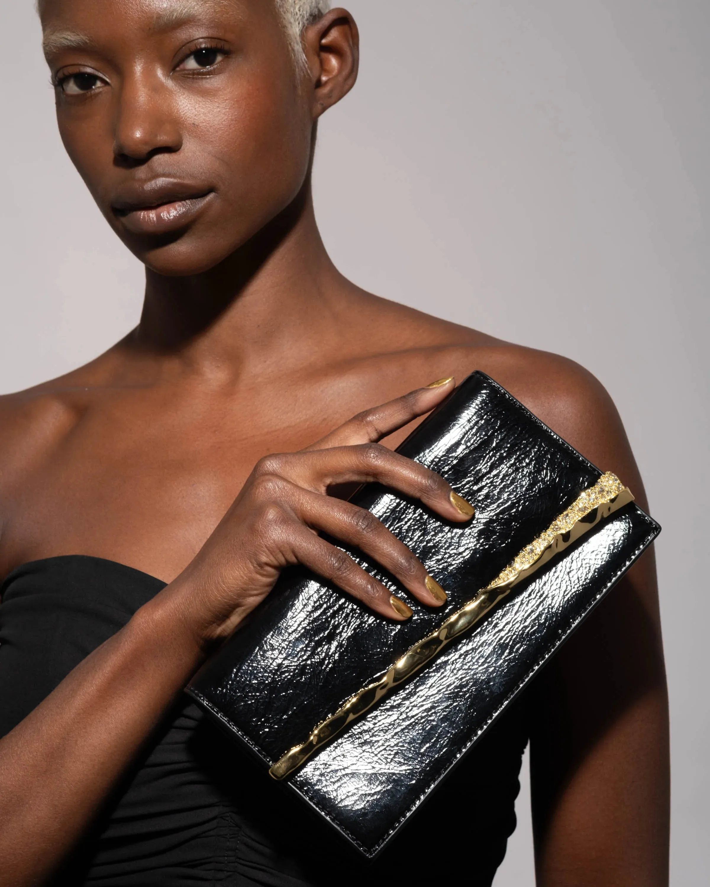 Gold Angular Convertible Crossbody Bag - Black