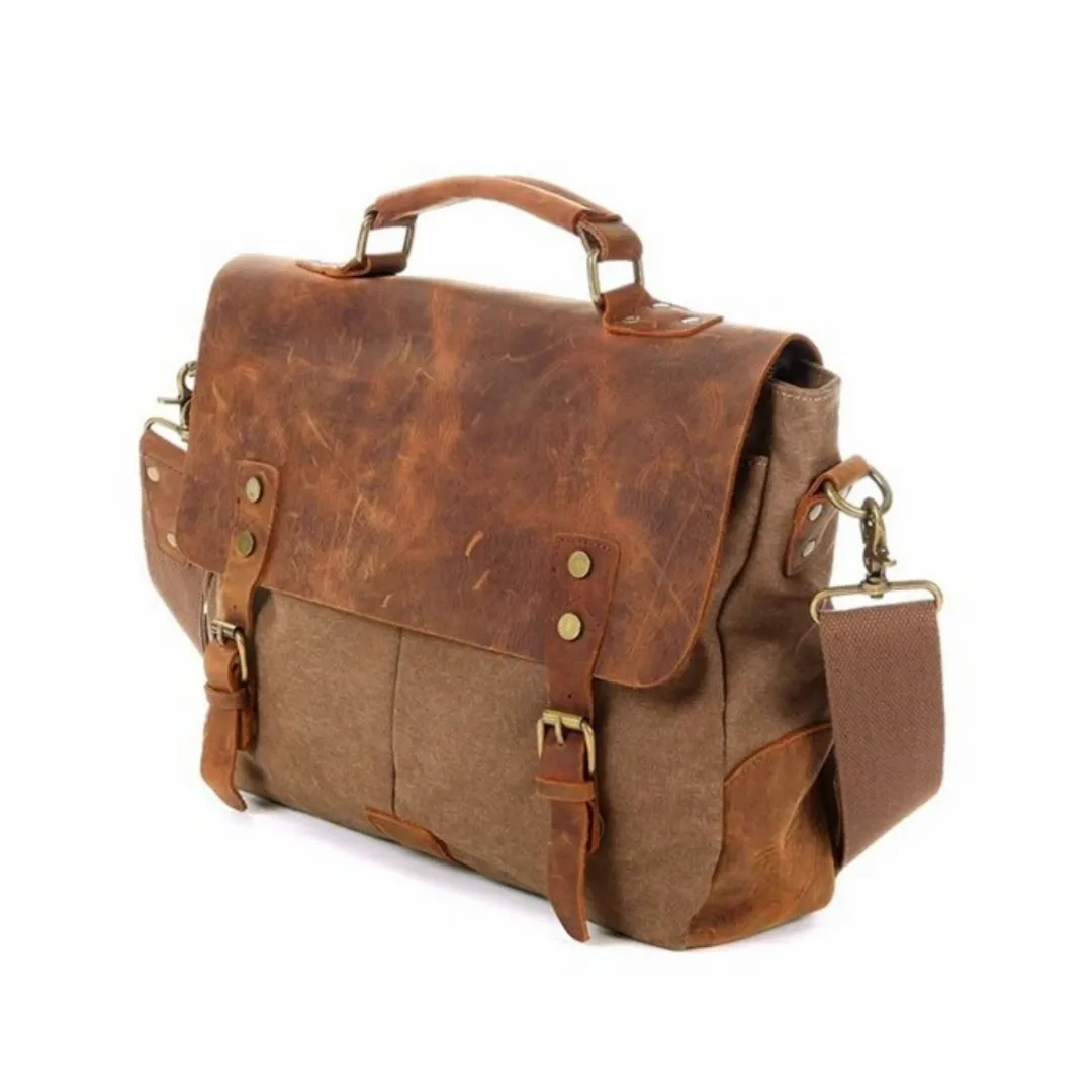 Handmade Waxed Canvas & Leather Satchel Messenger Bag - Khaki/Coffee