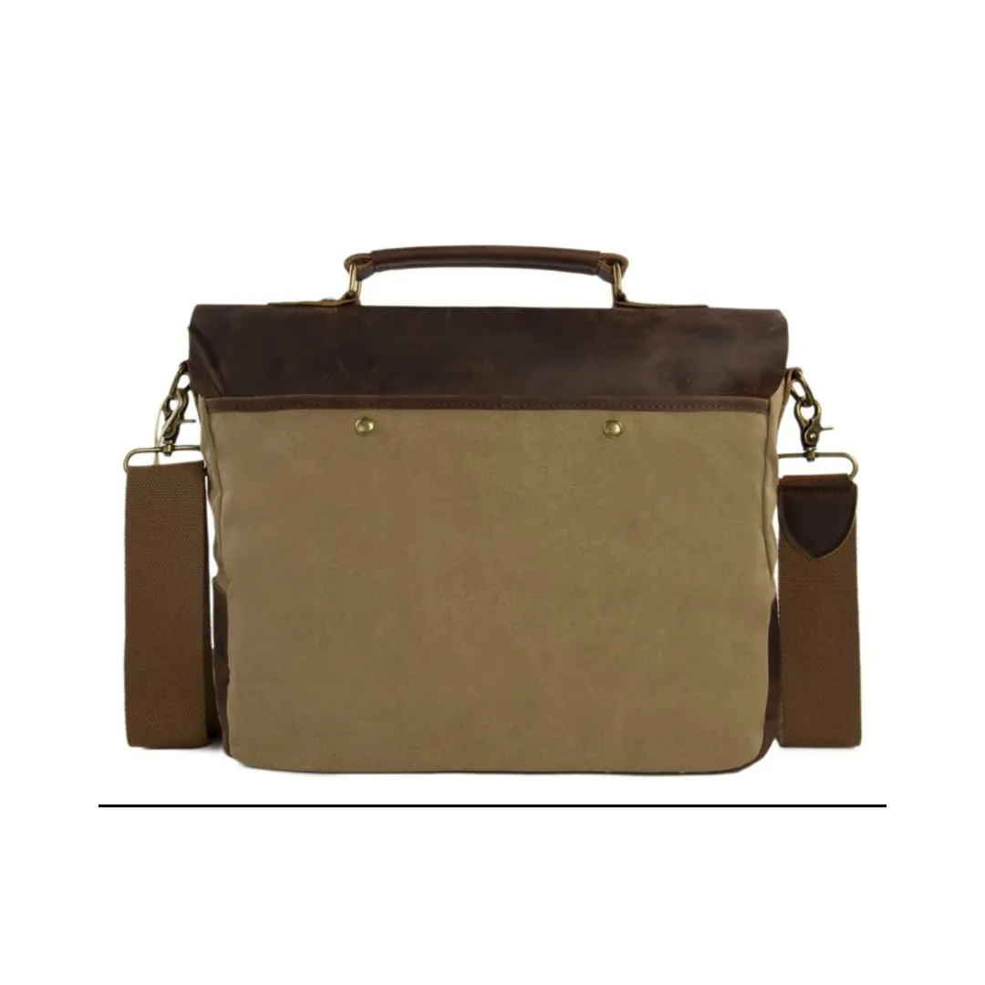 Handmade Waxed Canvas & Leather Satchel Messenger Bag - Khaki/Coffee