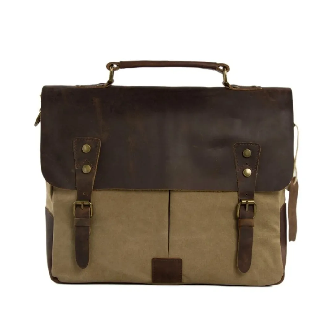 Handmade Waxed Canvas & Leather Satchel Messenger Bag - Khaki/Coffee