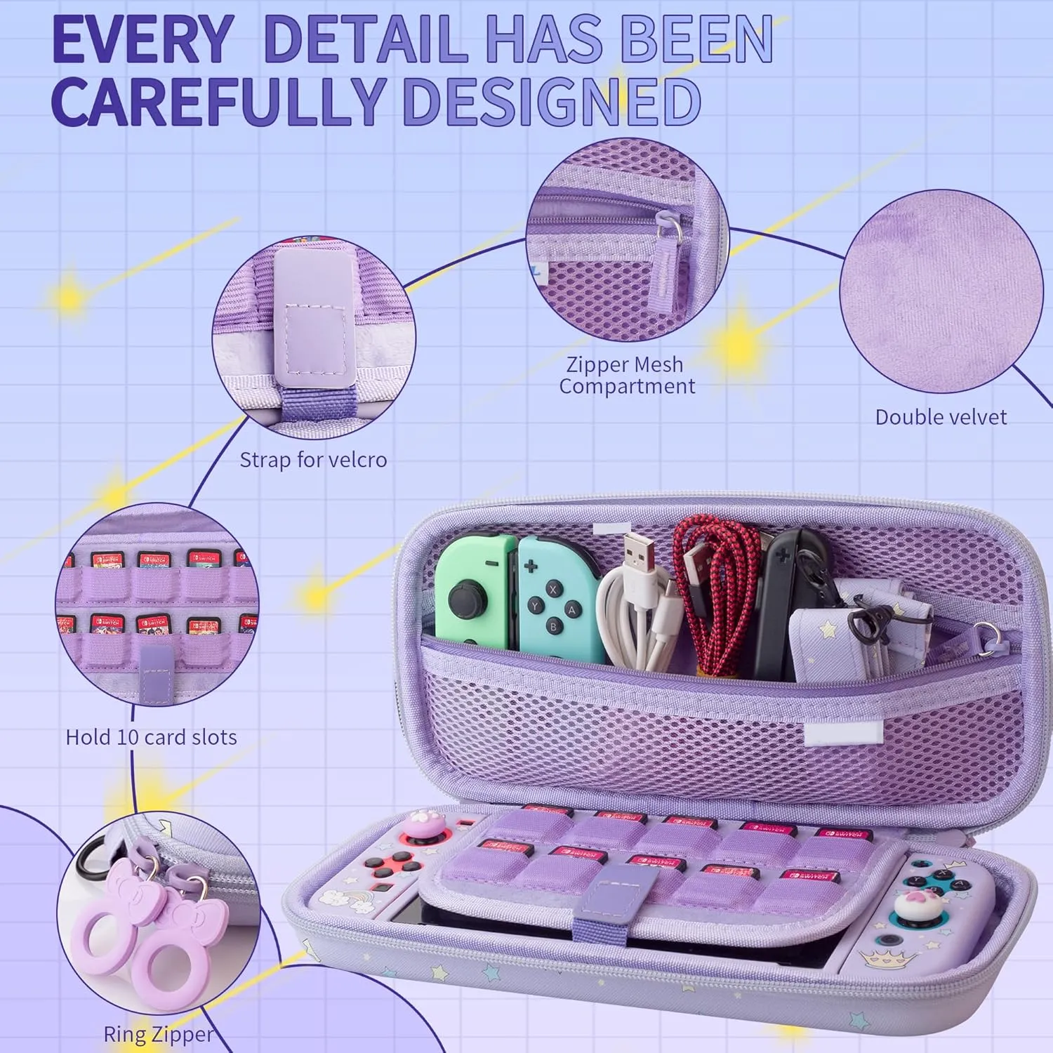 HYPERCASE Purple Switch Carrying Case for Unicorn, Cute Accessories Bundle Kit for Nintendo Switch Travel Bag, Soft Switch Cover Skin, Screen Protector, Shoulder Strap & 2 Thumb Caps