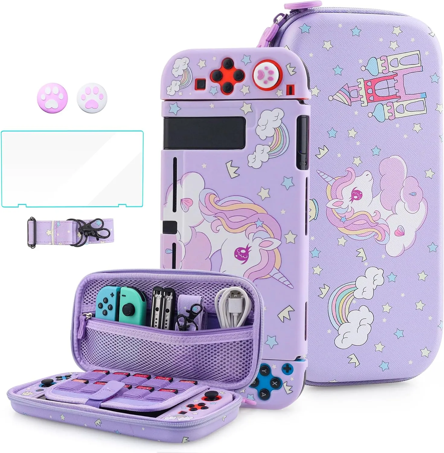 HYPERCASE Purple Switch Carrying Case for Unicorn, Cute Accessories Bundle Kit for Nintendo Switch Travel Bag, Soft Switch Cover Skin, Screen Protector, Shoulder Strap & 2 Thumb Caps