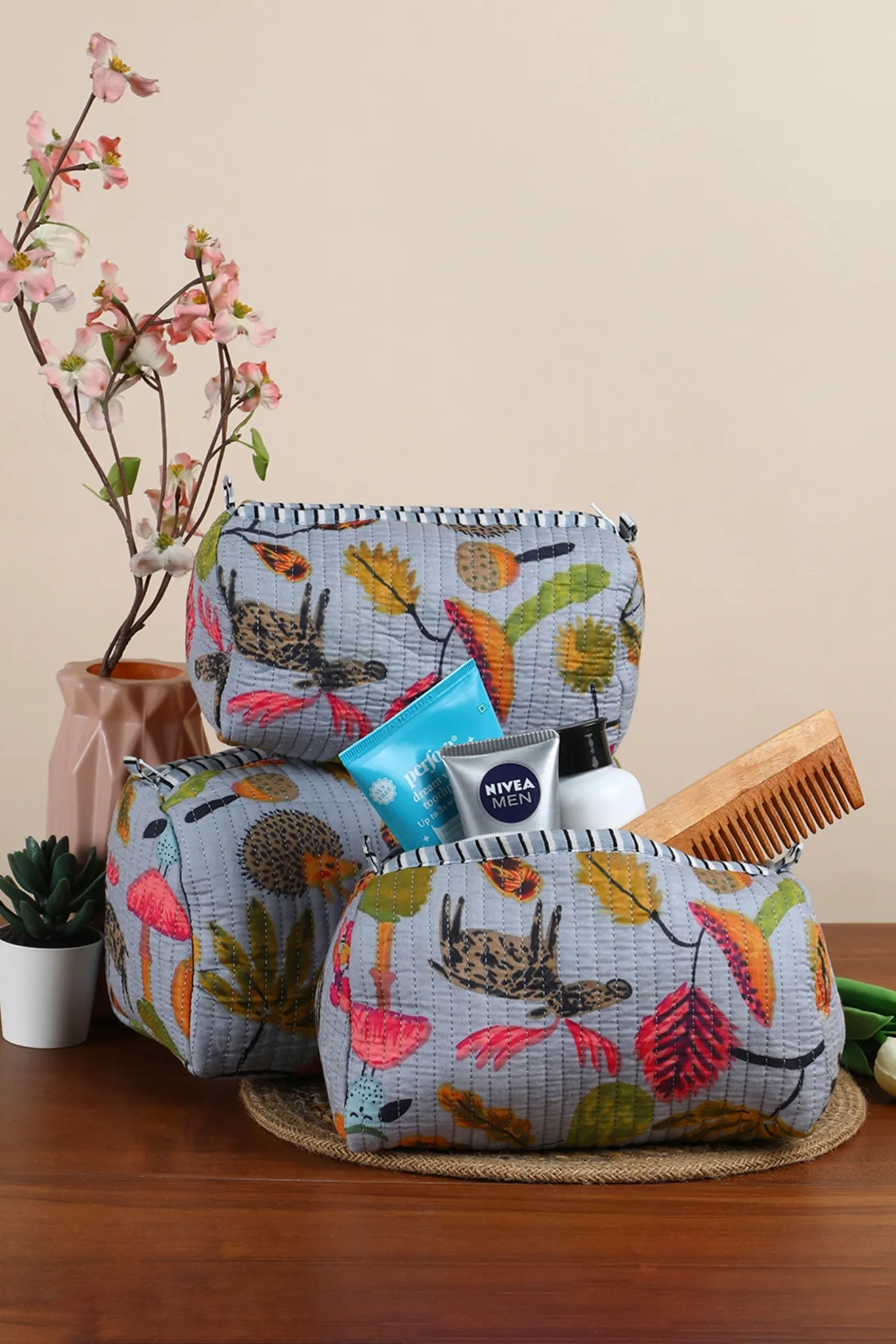 Jungle Bloom Quilted Pouches (Set of 3)