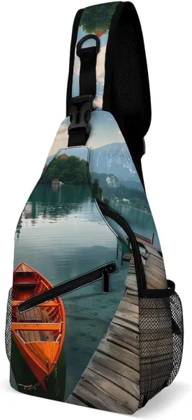 Lake Bled Slovenia Church on The Island Sling Backpack Crossbody Chest Bag Print Shoulder Bag Travel Daypack for Sports Running Hiking
