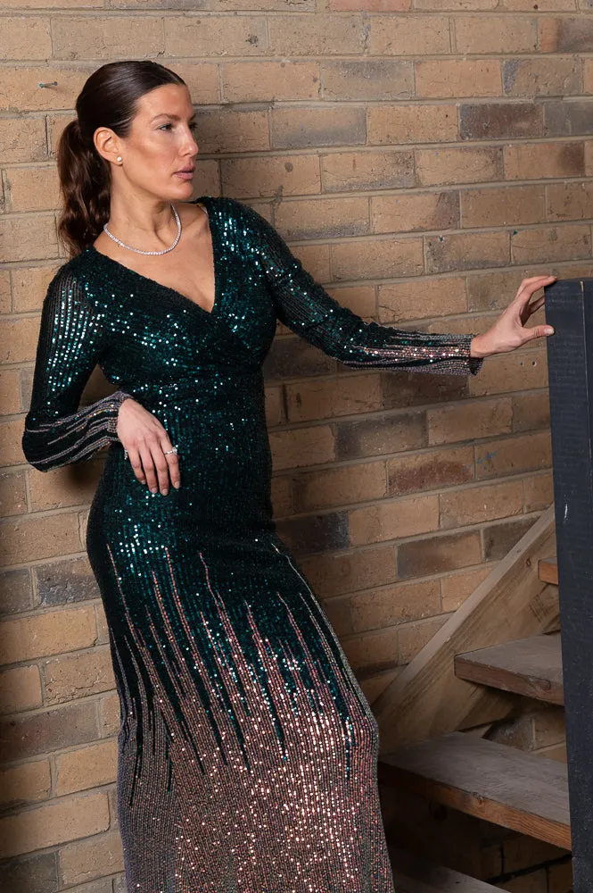 Long sequin ombre wrap dress | CASCADE DRESS