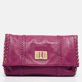 Magenta Leather Studded Flap Clutch