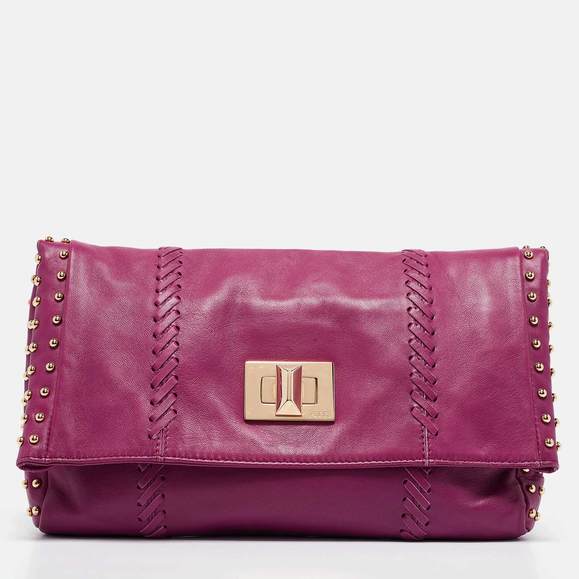 Magenta Leather Studded Flap Clutch