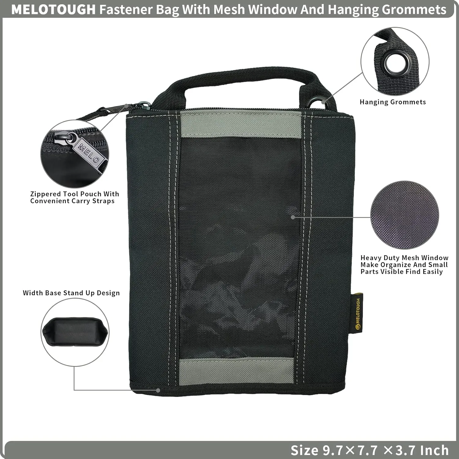 MELOTOUGH Fastener Bag Utility Canvas Zipper small tool bag Heavy Duty Mesh Window, Hanging Grommets (Grey)