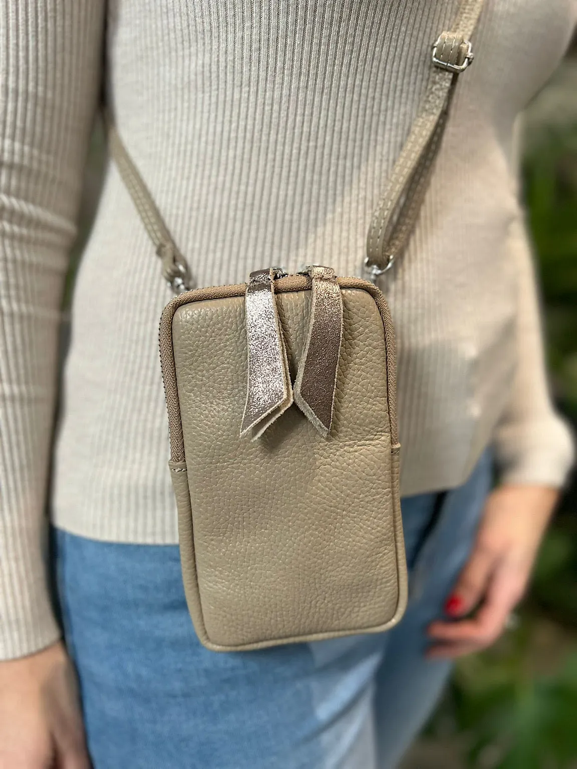 Mocha Leather Crossbody Phone Bag