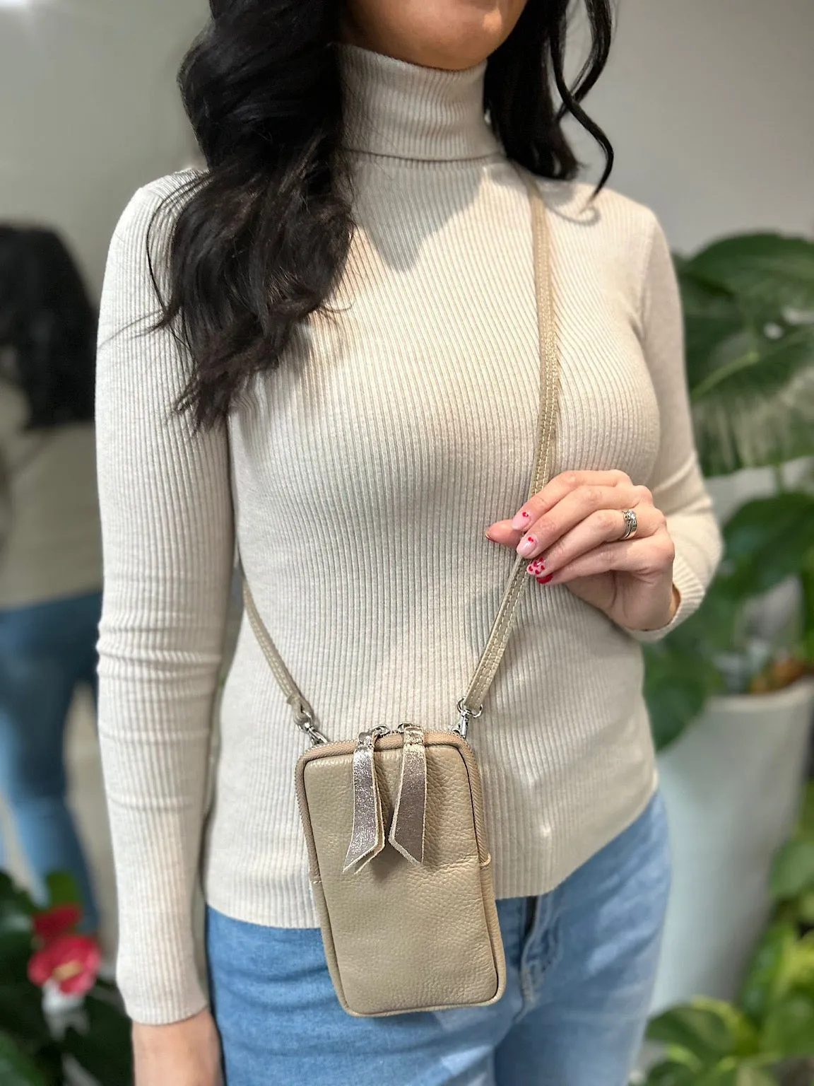 Mocha Leather Crossbody Phone Bag