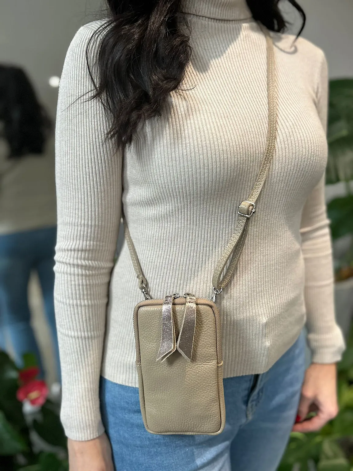 Mocha Leather Crossbody Phone Bag