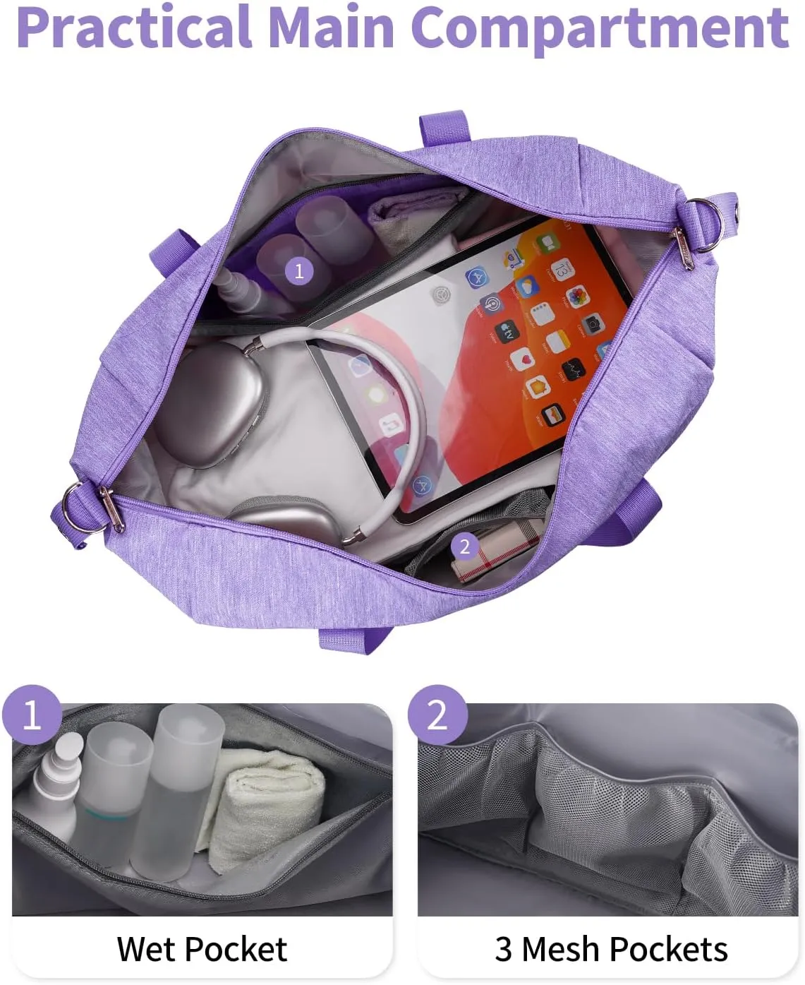 Narwey Women's Overnight Travel Duffel Bag - Spirit Airlines Personal Item, 18x14x8 Inches, Underseat with Wet Pocket, Purple