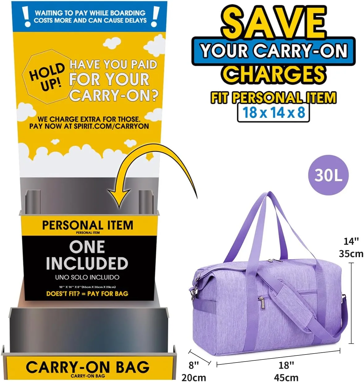 Narwey Women's Overnight Travel Duffel Bag - Spirit Airlines Personal Item, 18x14x8 Inches, Underseat with Wet Pocket, Purple