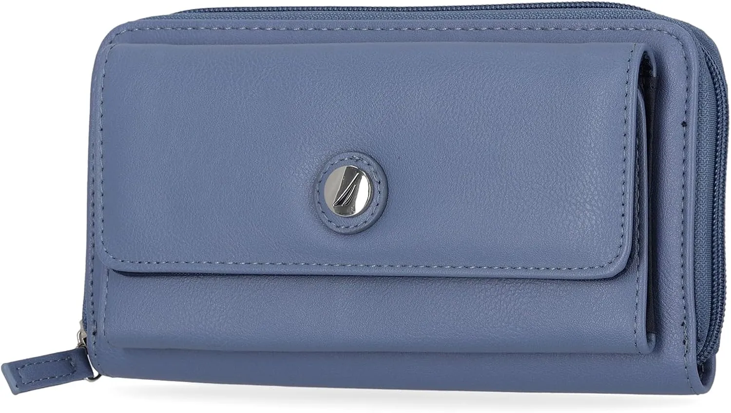 Nautica Womens, Bulk Cargo Vegan Leather RFID Wallet, Fashionable Zip Around Large Clutch with Phone Case and Multi Card Organizer, Marine