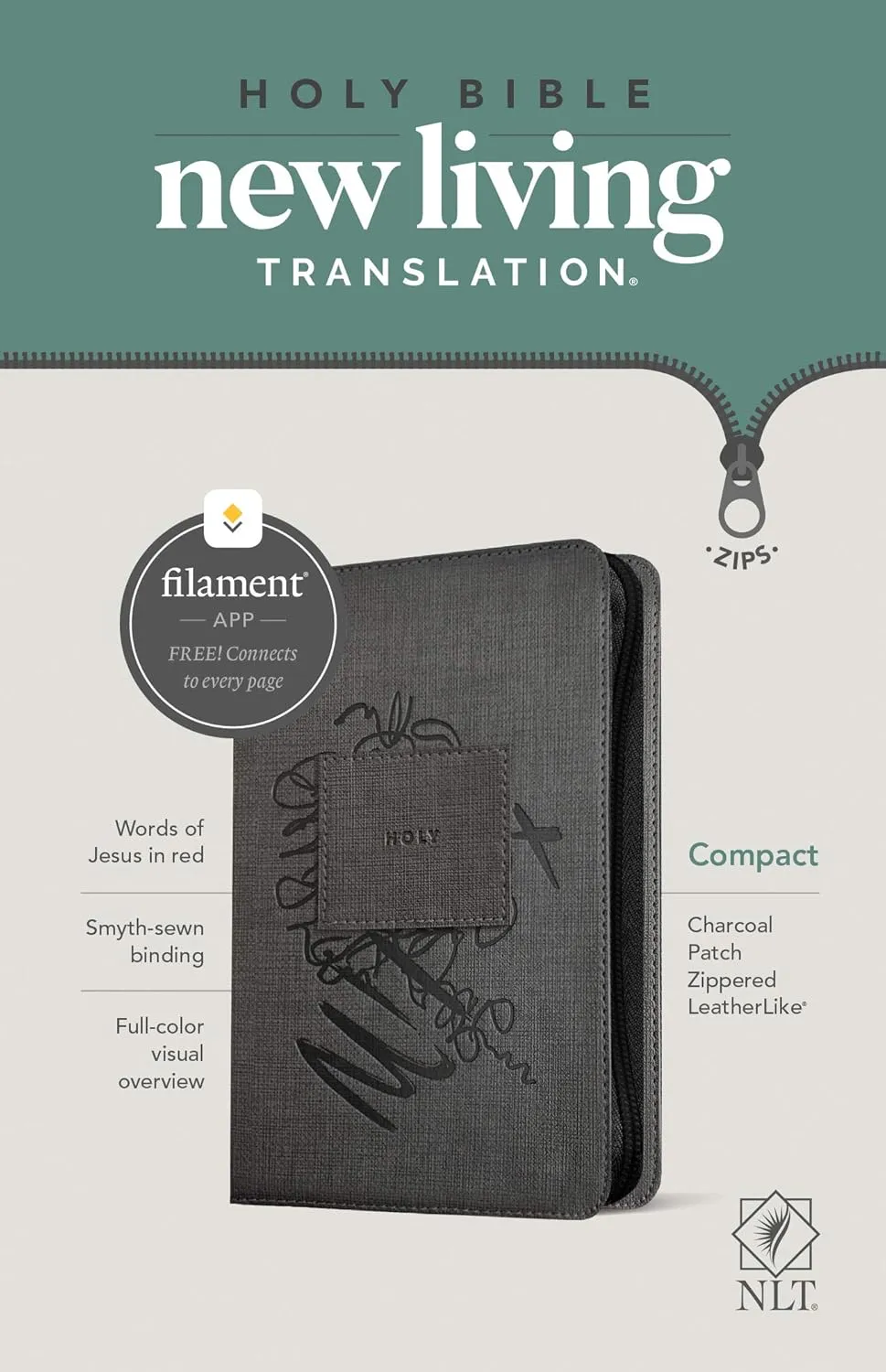 NLT Compact Zipper Bible, Filament Enabled (LeatherLike, Charcoal Patch, Red Letter) Imitation Leather  .zip, September 7, 2021