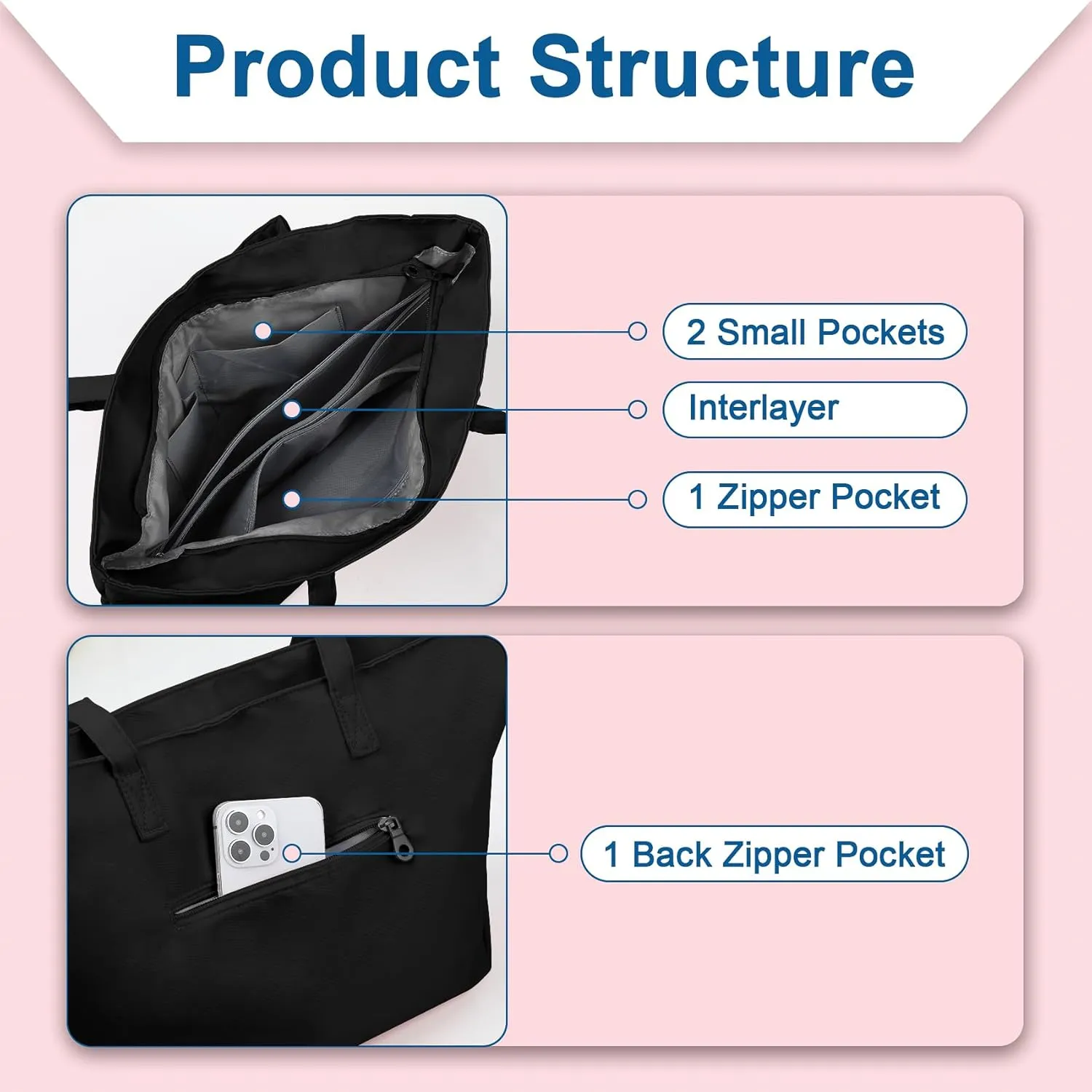 Nylon Tote Bag for Women Multi-pocket Large Shoulder Bag Casual Handbag with Zipper for Wrok Travel College