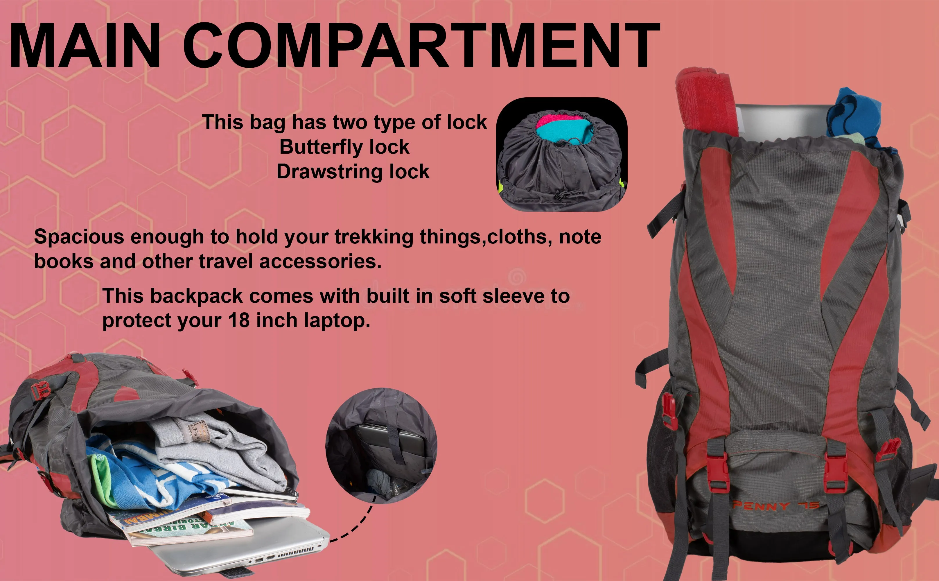 Penny 75L Red Gry Rucksack with Rain Cover