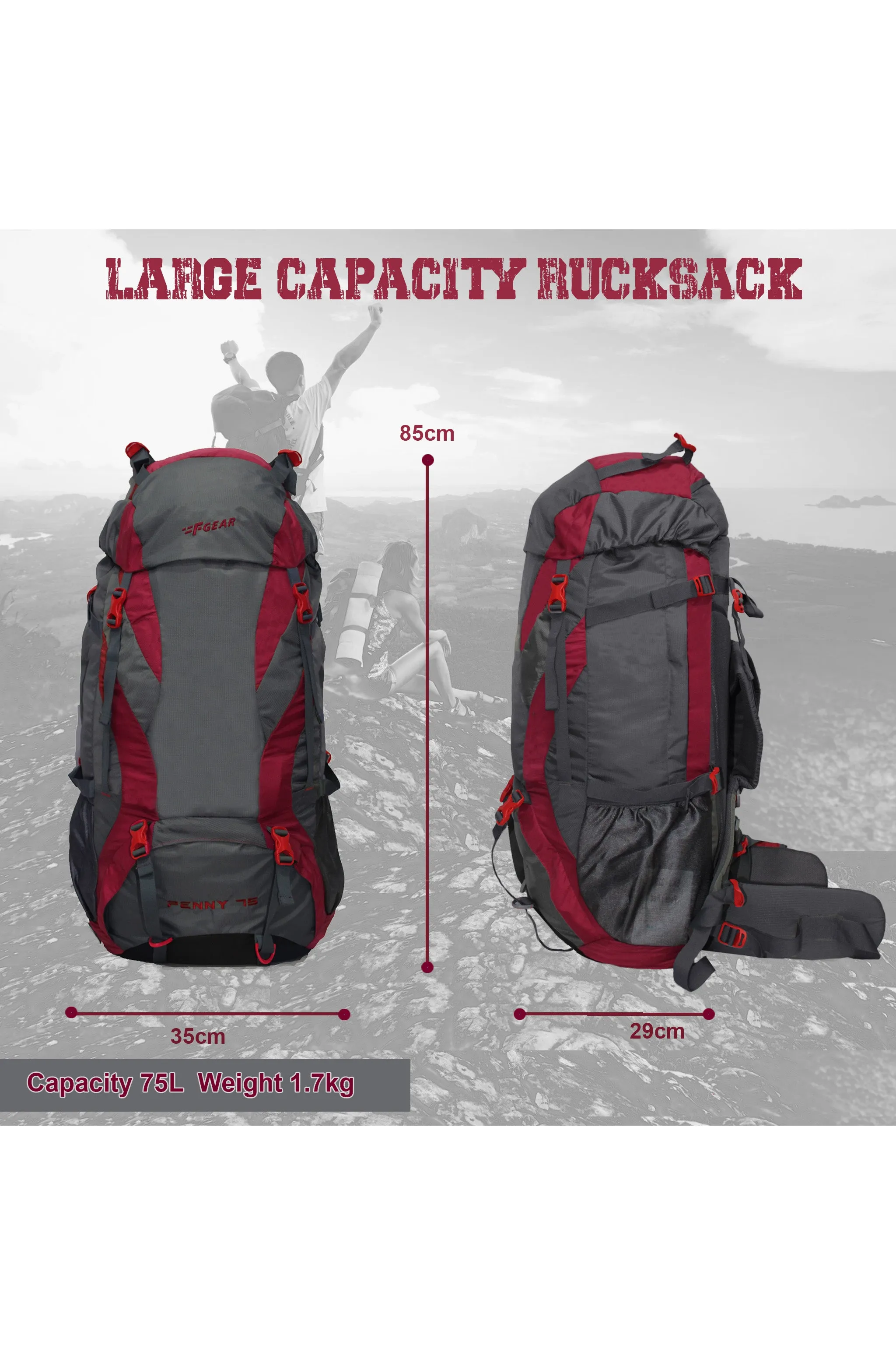 Penny 75L Red Gry Rucksack with Rain Cover