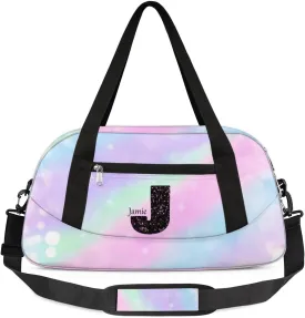Personalized Gym Bag for Girls Teens, Custom Dance Bag Overnight Small Duffel Bag Carry On Weekend Sports Travel Bag for School Practice Gymnastics Ballet, Colorful Stars Spots-J