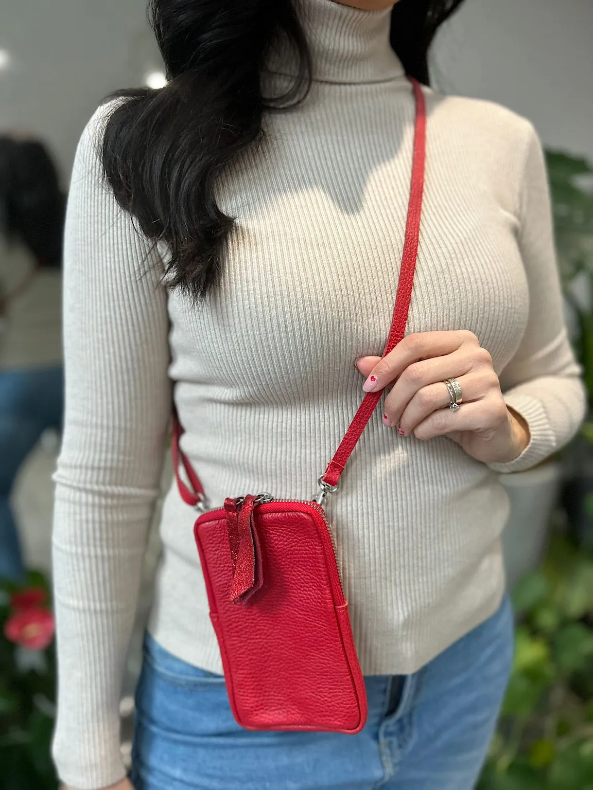 Red Leather Crossbody Phone Bag
