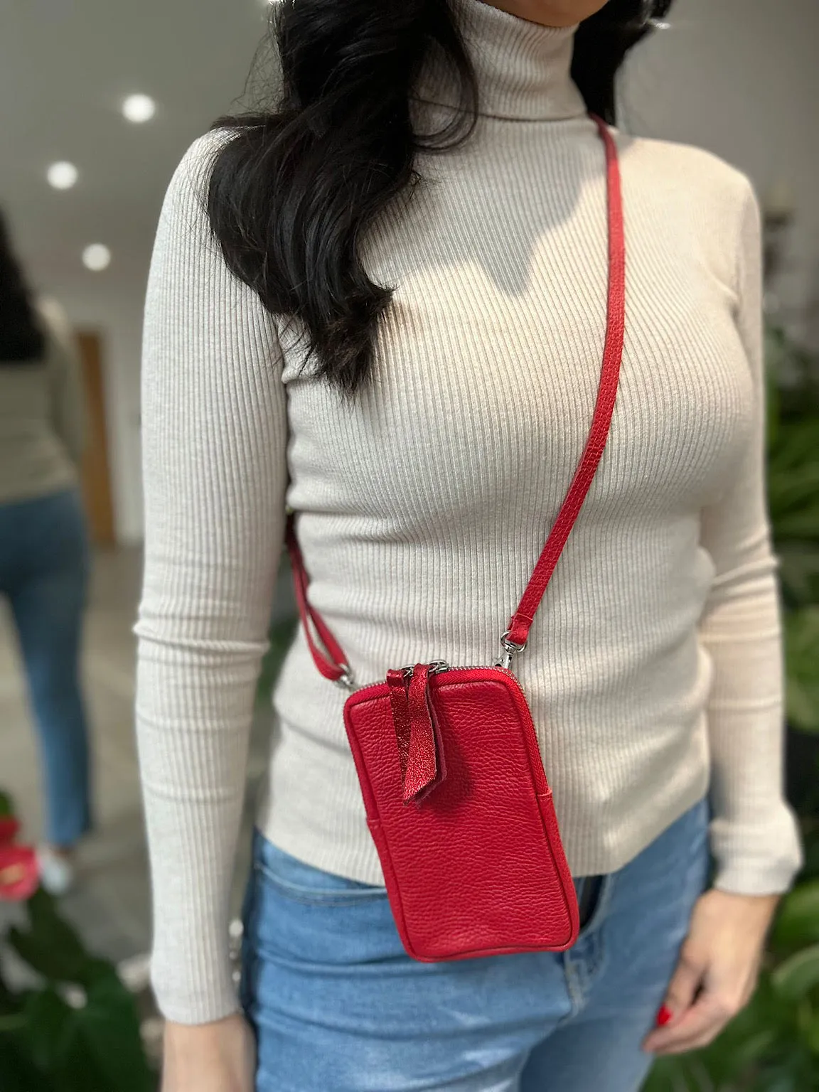 Red Leather Crossbody Phone Bag