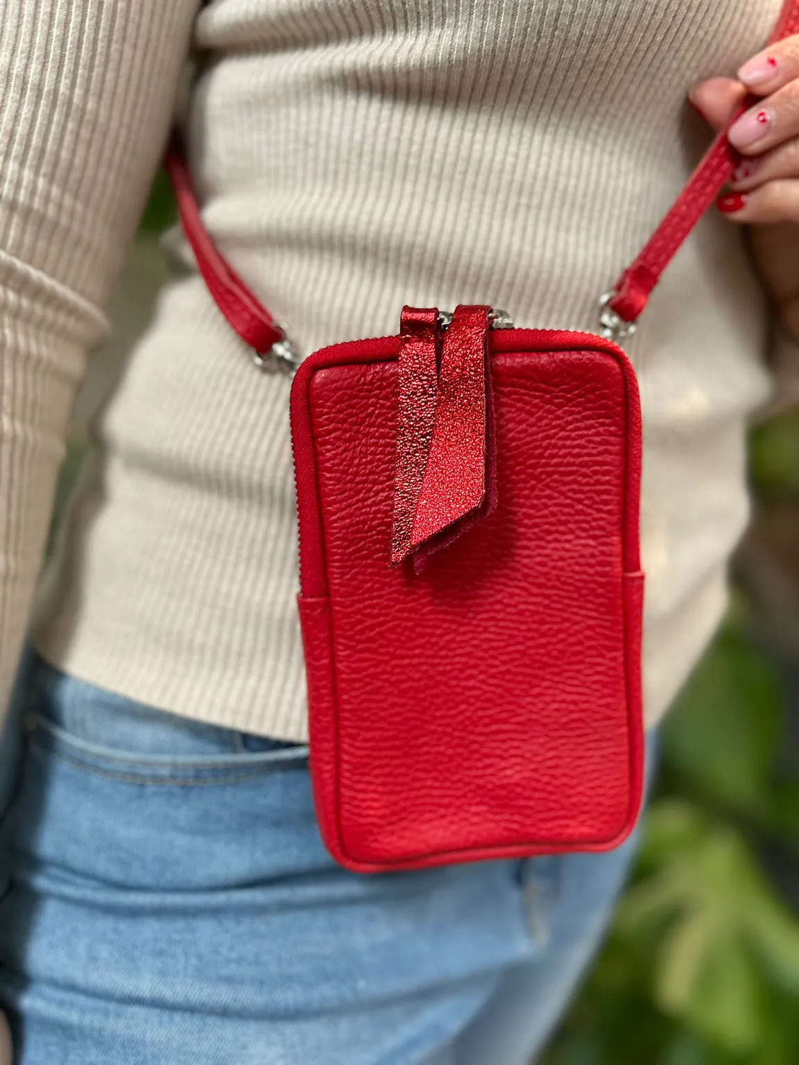Red Leather Crossbody Phone Bag
