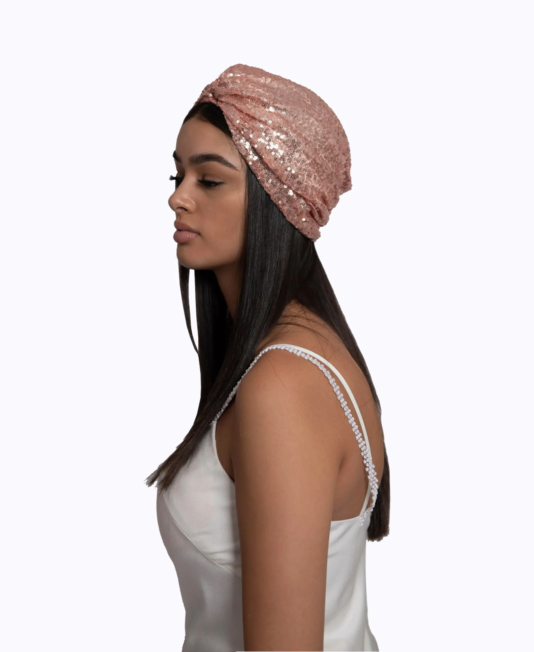 Rose Gold Sequin Silk Knot Turban Hat