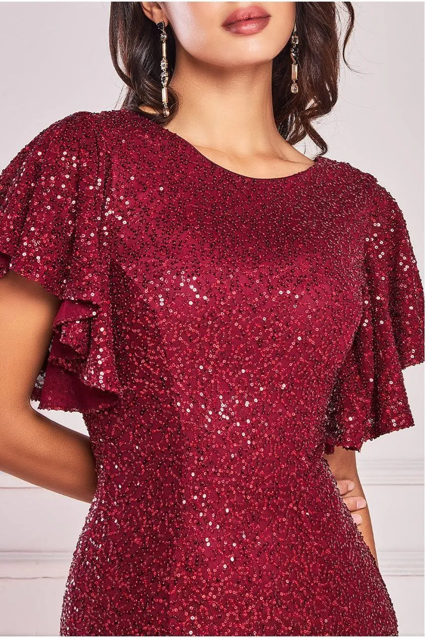 Sequin Flutter Sleeve Maxi - Wine by Goddiva