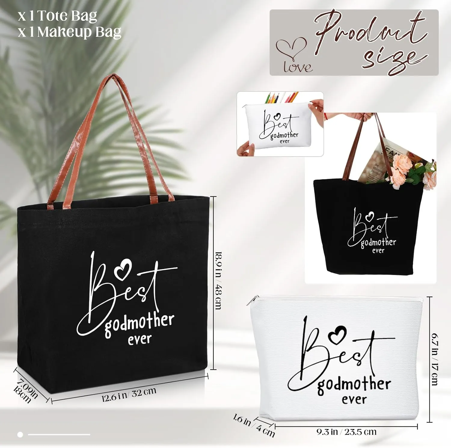Sieral 2 Pcs Mother's Day Gifts Tote Bag and Makeup Bag Mom Grandma Proposal Birthday Gifts for Women(Godmother)