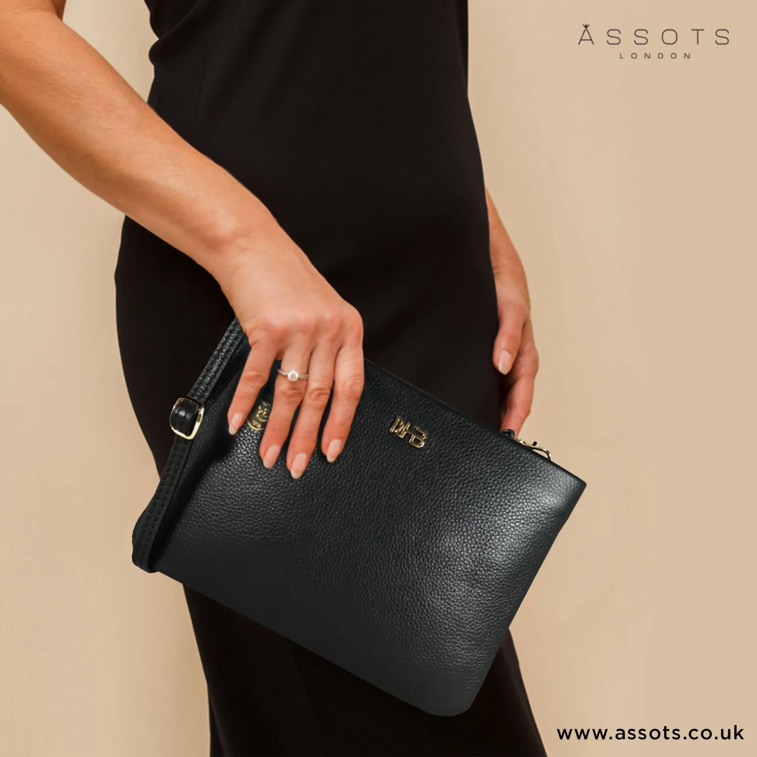 'SOPHIA' Black Pebble Grain Zip Top Leather Crossbody Bag