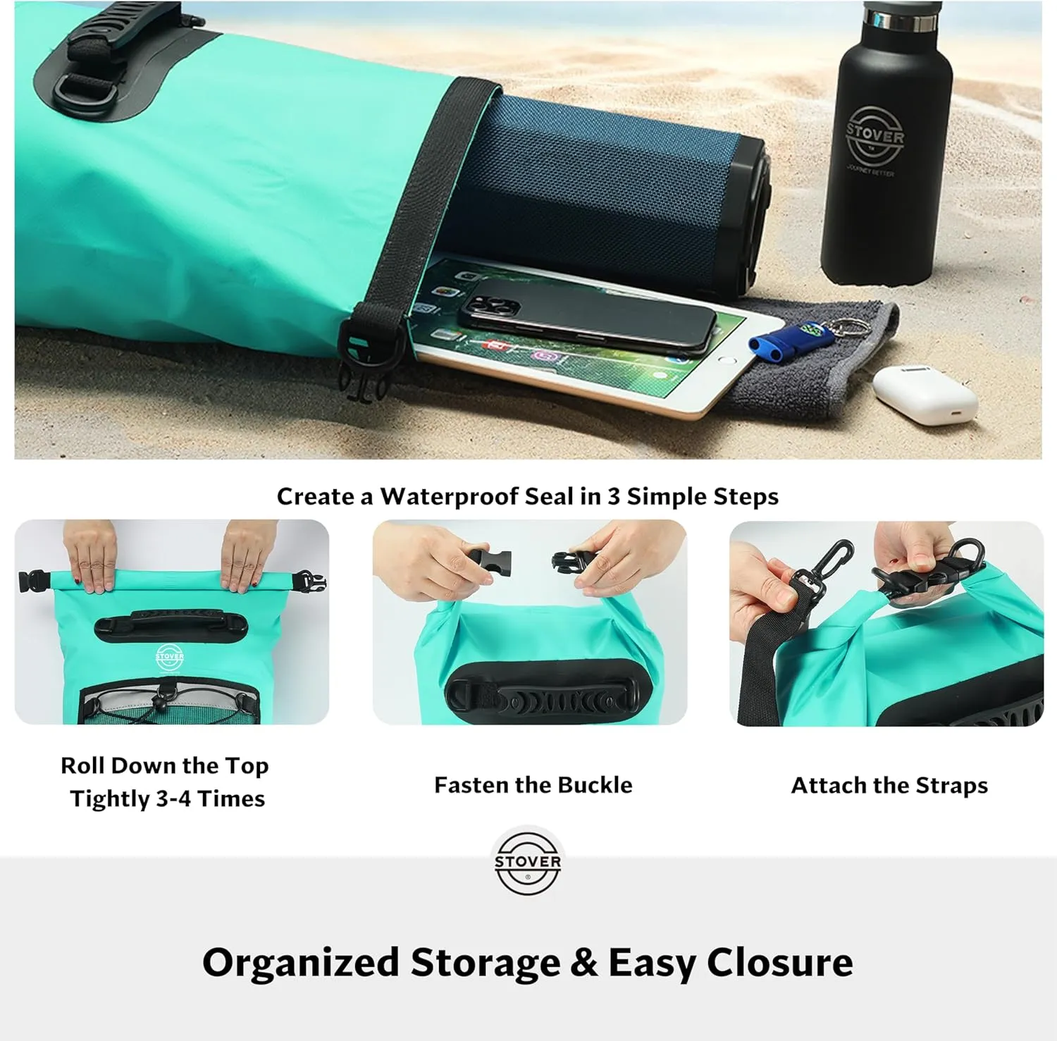 STOVER 5/10/25/30/40/55L Waterproof Dry Backpack- Medium Floating Dry Bag for Kayaking, Travel, Tubing, Hiking, Fishing, Camping, Motorcycles & Beach, Heavy-Duty Roll Top Men/Women (Teal)