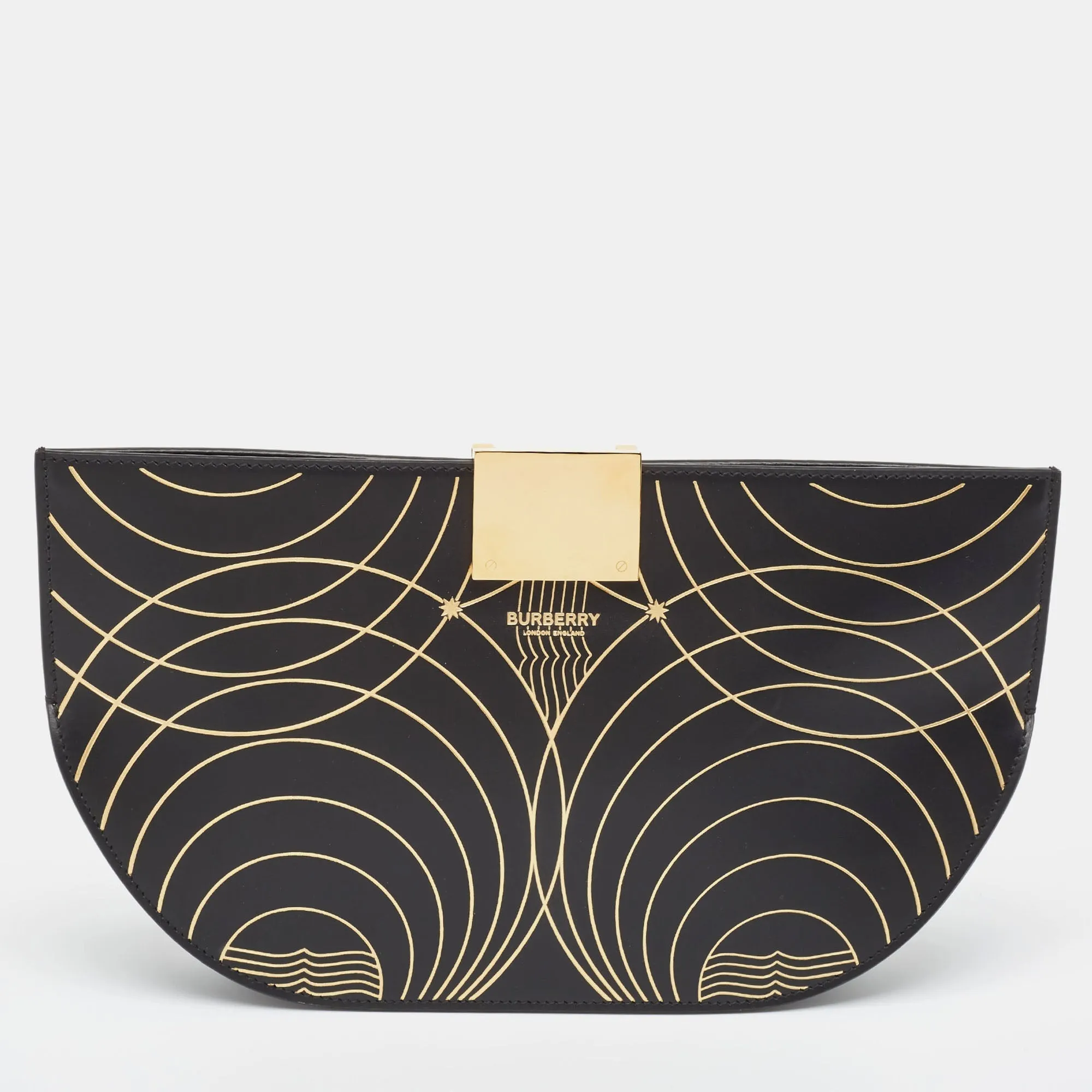 Trendy Inspired Burberry Black/gold Printed Leather Olympia Wristlet Clutch