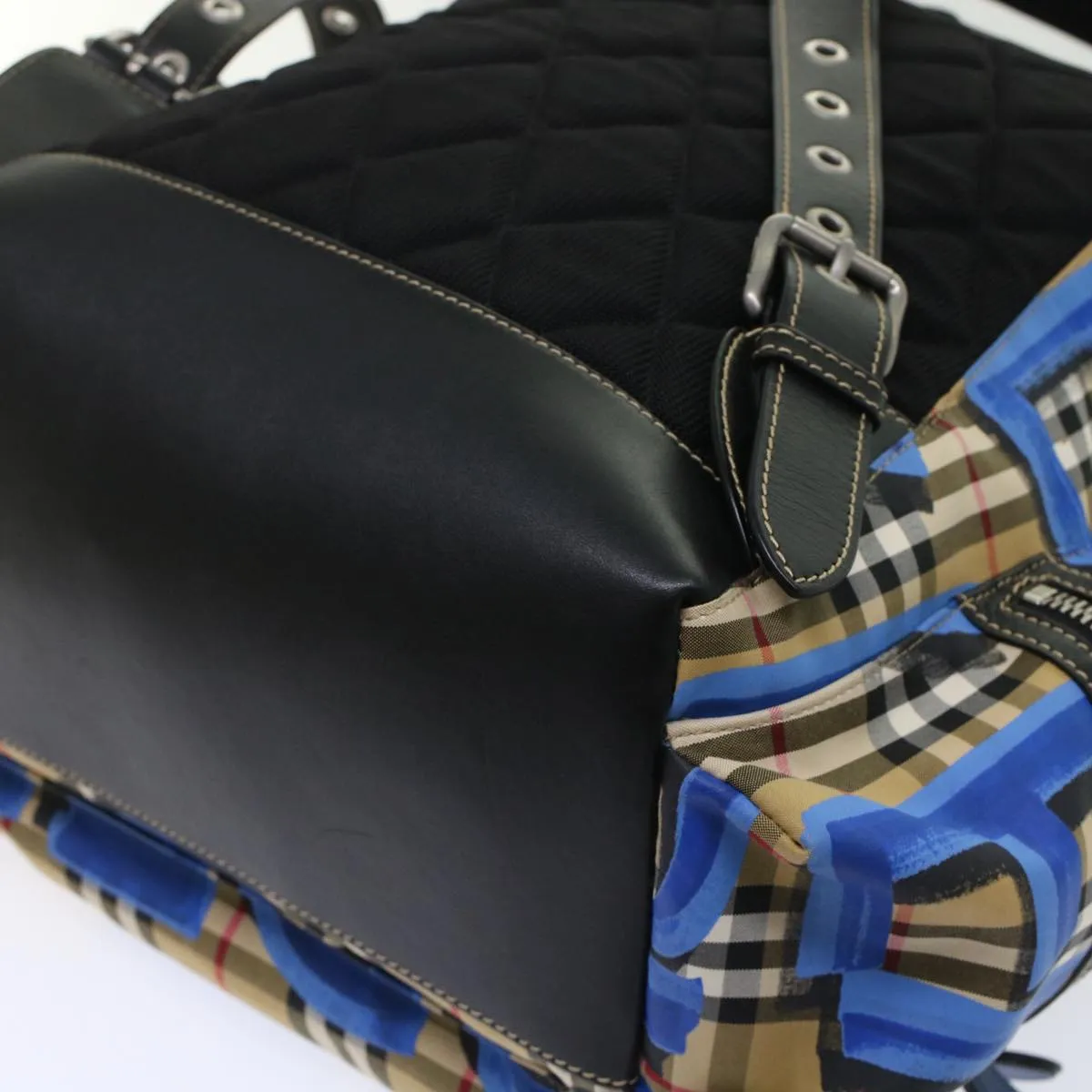 Trendy Inspired Burberry Nova Check Graffiti Backpack Canvas Leather Beige Blue Auth 49119a