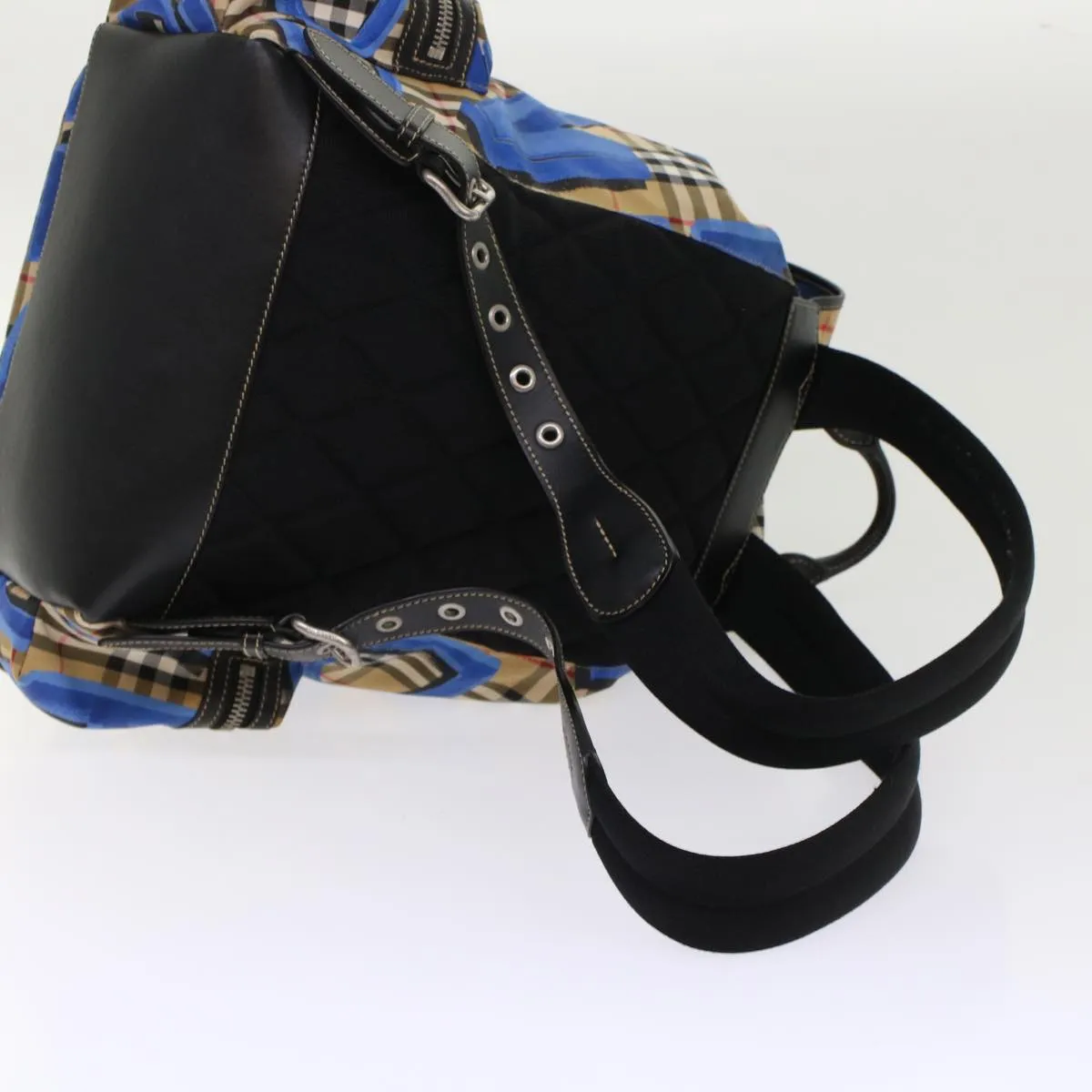 Trendy Inspired Burberry Nova Check Graffiti Backpack Canvas Leather Beige Blue Auth 49119a