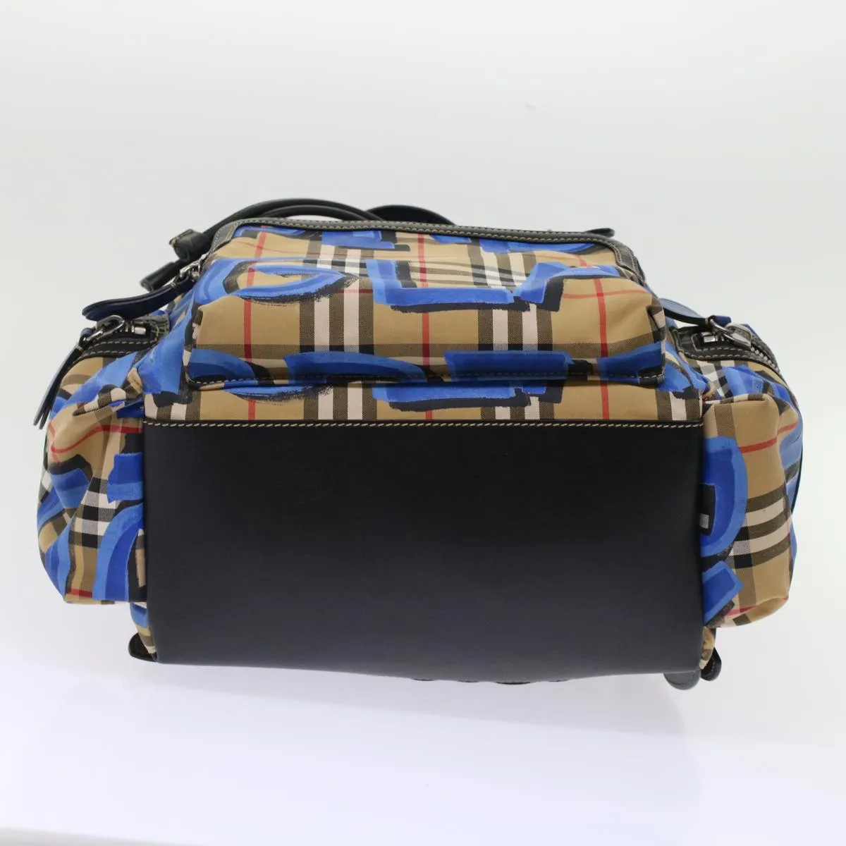 Trendy Inspired Burberry Nova Check Graffiti Backpack Canvas Leather Beige Blue Auth 49119a