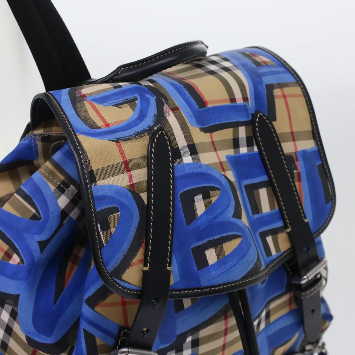 Trendy Inspired Burberry Nova Check Graffiti Backpack Canvas Leather Beige Blue Auth 49119a