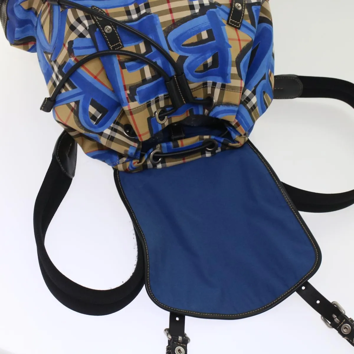 Trendy Inspired Burberry Nova Check Graffiti Backpack Canvas Leather Beige Blue Auth 49119a