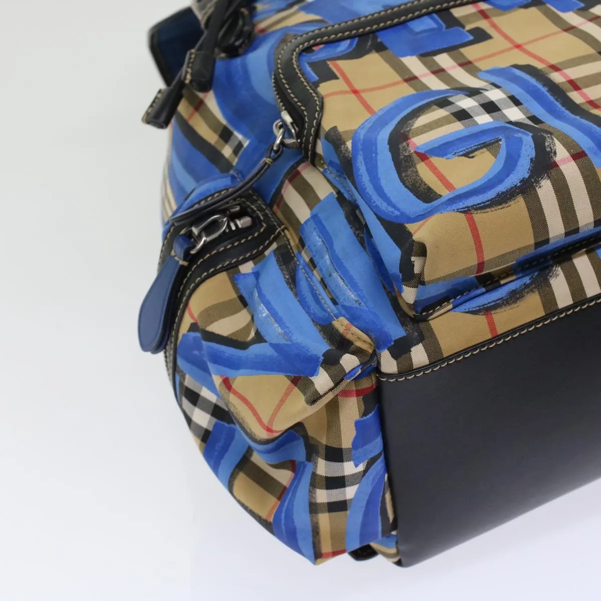 Trendy Inspired Burberry Nova Check Graffiti Backpack Canvas Leather Beige Blue Auth 49119a